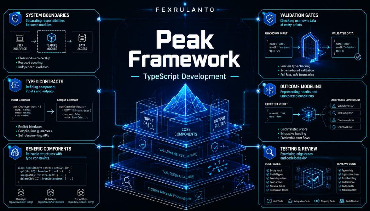 A digital infographic titled 'Peak Framework TypeScript Development' by Fexrulanto , featuring a glowing blue layered pyramid diagram in the center surrounded by technical feature callouts on a dark navy background.
