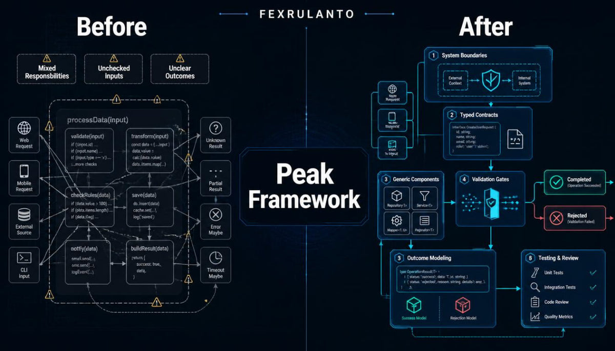 A dark promotional graphic comparing a traditional workflow labeled 'Before' with a modern framework labeled 'After' and 'Peak Framework' in the center. The design uses a deep navy and black background with glowing cyan, blue, and yellow interface elements and diagrams.