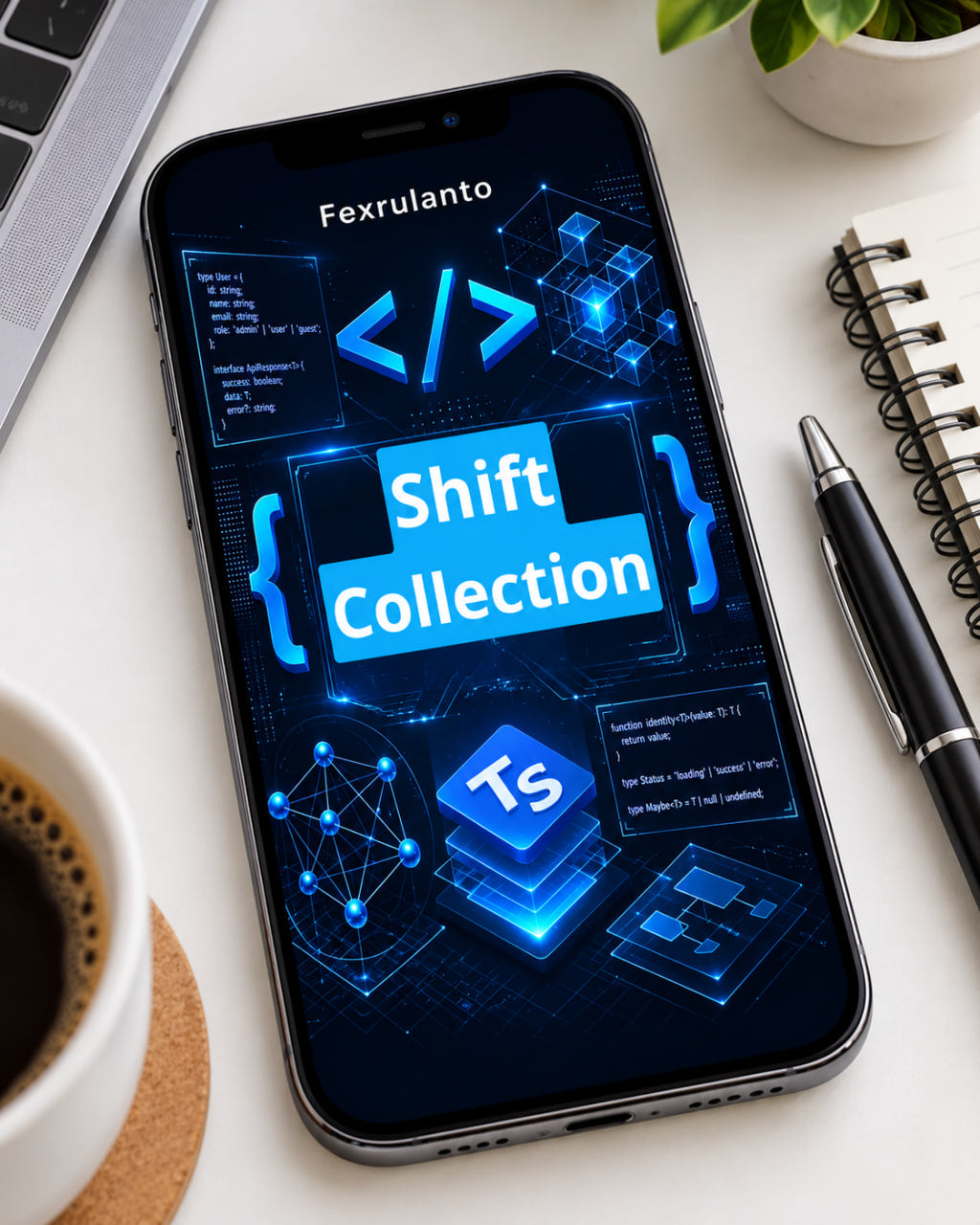 A smartphone lying on a white desk, displaying a blue tech-themed interface with the text 'Shift Collection' and 'Fexrulanto .' Surrounding props include part of a laptop, a cup of coffee, a pen, and a notebook.