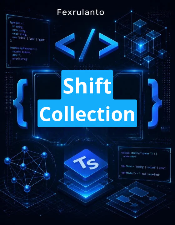 Digital graphic with the text 'Fexrulanto ' at the top and 'Shift Collection' in large blue letters inside a glowing frame. The design includes blue code brackets, tech icons, floating geometric cubes, and a stylized 'Ts' logo on a dark blue futuristic background.