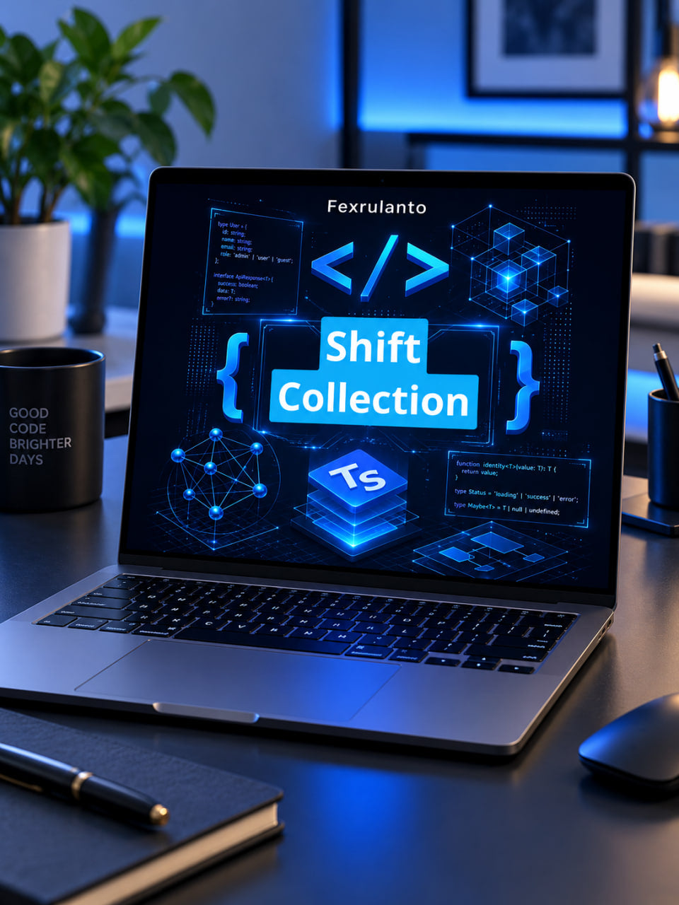 A laptop on a desk displaying a digital graphic with the text 'Shift Collection' and a TypeScript icon, surrounded by office items like a mug, notebook, and mouse in a dimly lit room.