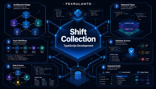 A digital infographic titled 'Shift Collection TypeScript Development' by Fexrulanto , featuring a central glowing blue hexagon surrounded by six numbered panels detailing TypeScript development concepts like architecture design, advanced types, async workflows, validation & errors, state & events, and integrated studio tools on a dark navy background.