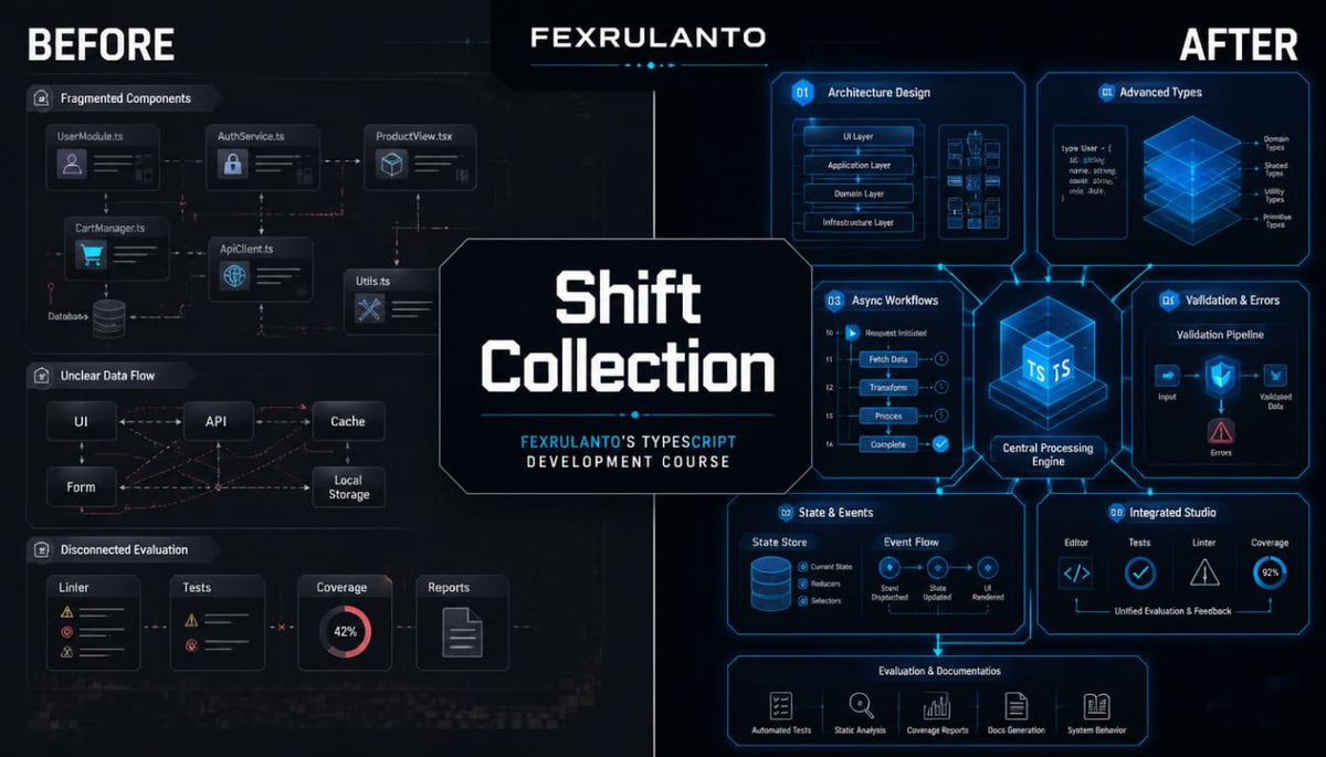 Promotional infographic for 'Shift Collection' by Fexrulanto , showing a dark 'BEFORE' section with fragmented UI components and a dark 'AFTER' section with organized, modern software architecture diagrams and flowcharts in glowing blue.