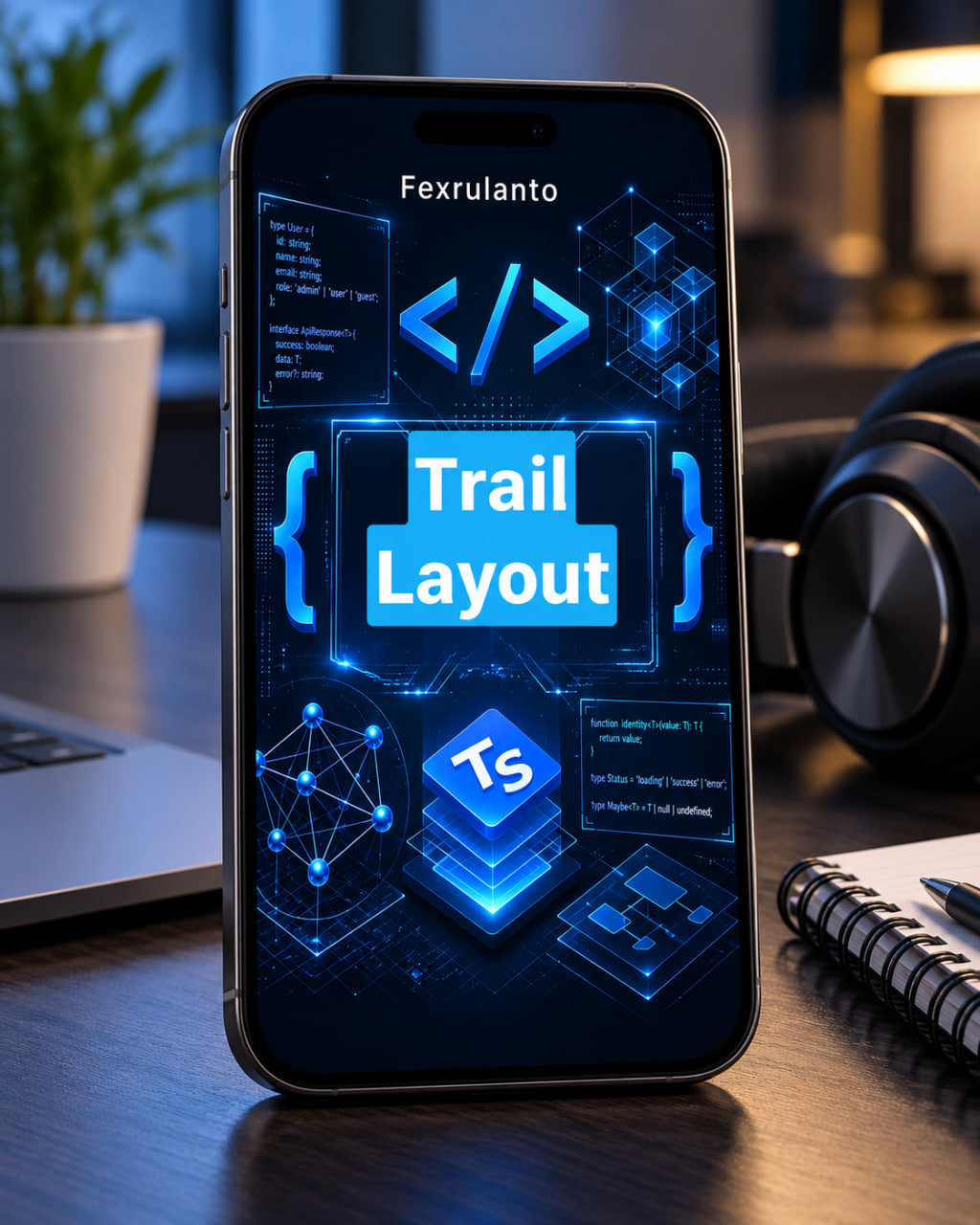 A smartphone standing upright on a desk, displaying a blue and black digital interface with the words 'Trail Layout' and a TypeScript logo. The phone is photographed in a real workspace setting with a laptop, headphones, plant, and notebook visible around it.