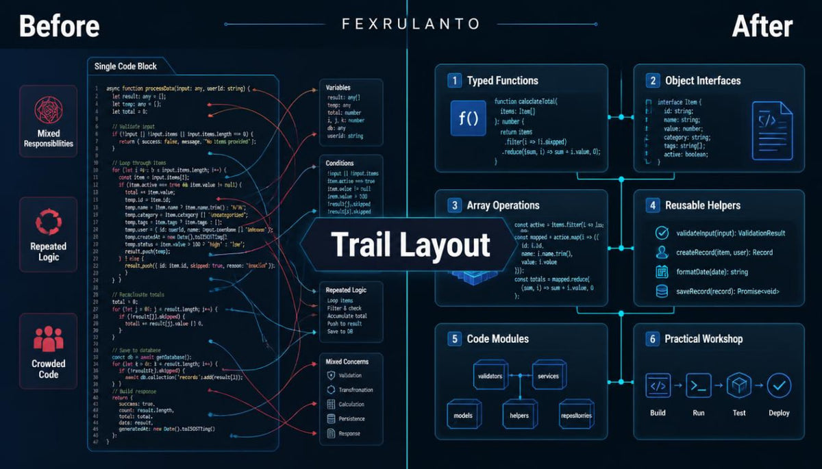 A dark-themed digital infographic titled 'Trail Layout' by Fexrulanto , comparing 'Before' and 'After' software development stages with code snippets, icons, and labeled panels such as 'Typed Functions,' 'Object Interfaces,' 'Array Operations,' and 'Code Modules.'.
