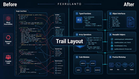 A dark-themed digital infographic titled 'Trail Layout' by Fexrulanto , comparing 'Before' and 'After' software development stages with code snippets, icons, and labeled panels such as 'Typed Functions,' 'Object Interfaces,' 'Array Operations,' and 'Code Modules.'.