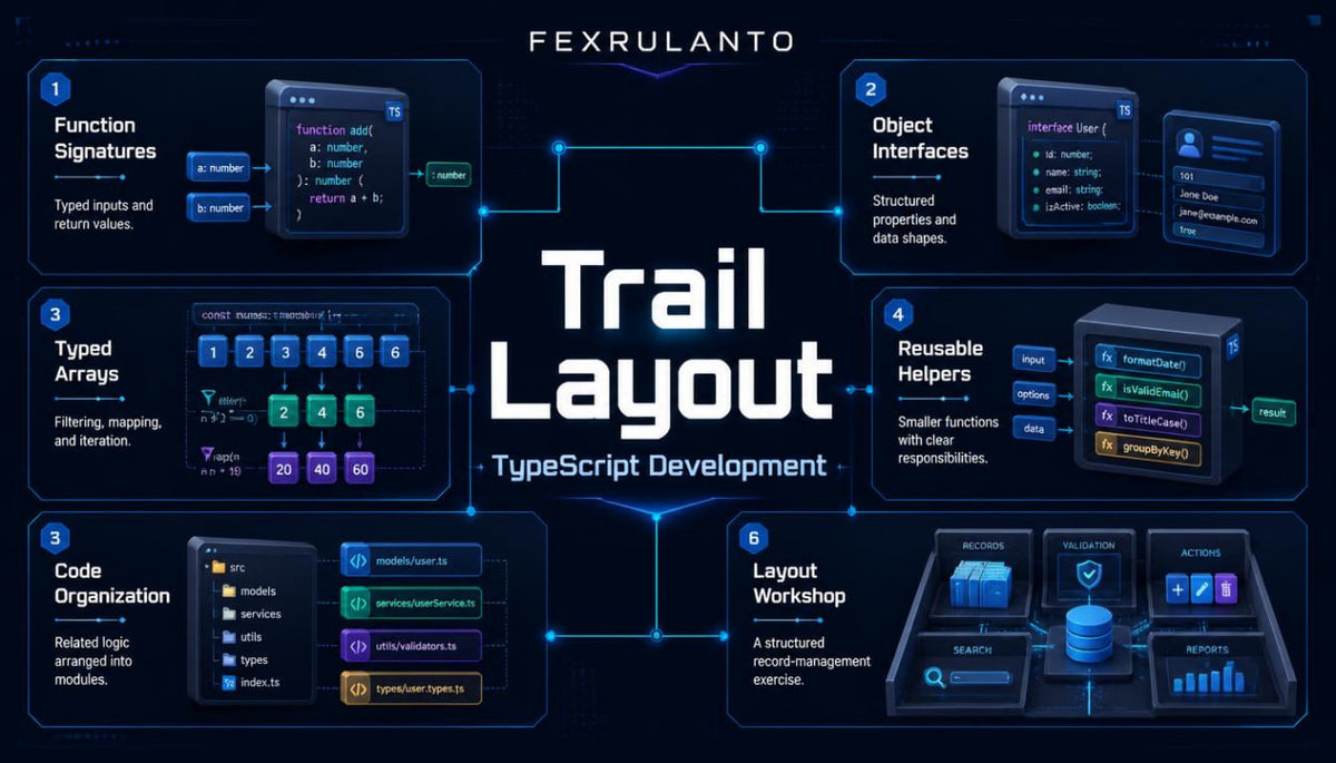 A dark blue promotional graphic for 'Trail Layout' TypeScript development by Fexrulanto , featuring six illustrated tech modules arranged around a central title with glowing blue lines and connectors.