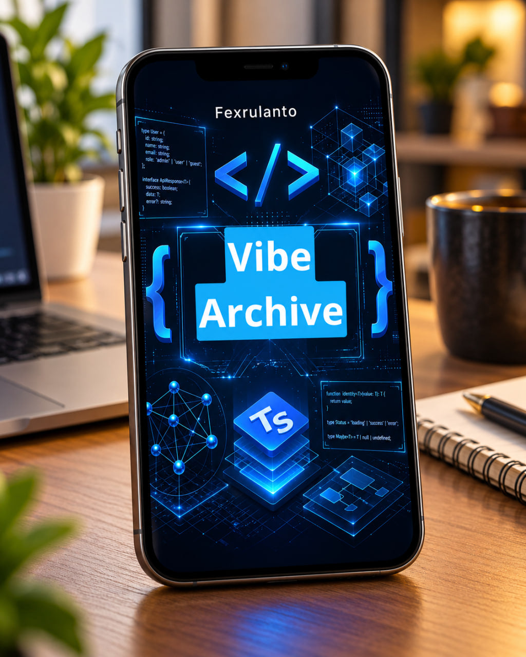 A smartphone standing upright on a wooden desk, displaying a blue and black digital interface with the text 'Vibe Archive' and a TypeScript icon. The phone is photographed in a real indoor setting with a laptop, mug, notebook, and plants in the background.