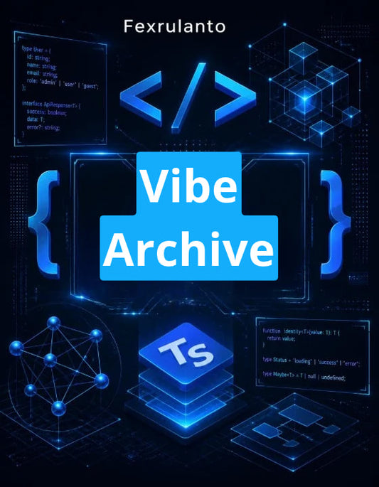 Digital graphic with the text 'Fexrulanto ' at the top and a large central blue badge reading 'Vibe Archive.' The design uses glowing blue UI-style icons, code snippets, and abstract tech illustrations on a dark navy background.